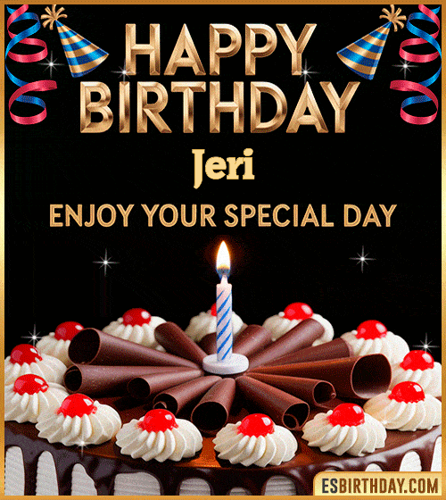 Happy birthday GIF for Jeri with chocolate cake, cherries, candle, and festive decorations – personalized animated birthday wishes to enjoy your special day