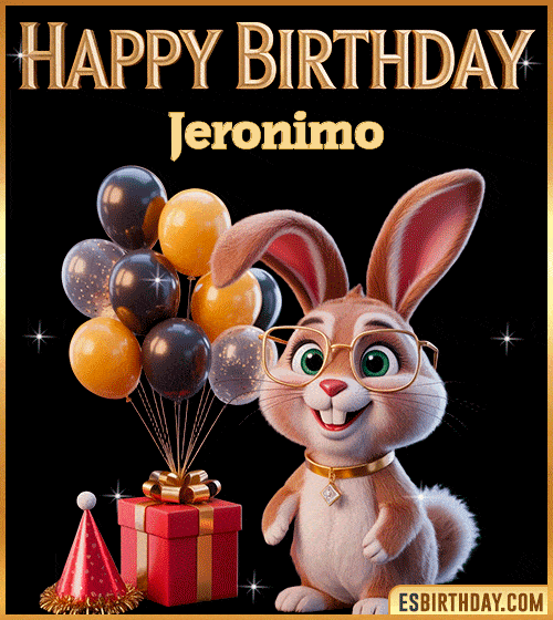 Funny happy birthday GIF for Jeronimo featuring a cute bunny with glasses, festive balloons and a gift box – personalized animated birthday greeting with a playful and joyful vibe