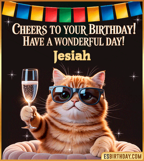 Funny happy birthday GIF for Jesiah featuring a cool cat wearing sunglasses holding a champagne glass – personalized animated birthday greeting with a cheerful and classy vibe