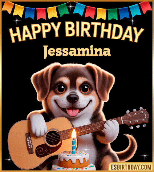 Happy birthday GIF with cute puppy playing guitar, birthday cake and colorful banner, personalized with name Jessamina, animated dog greeting
