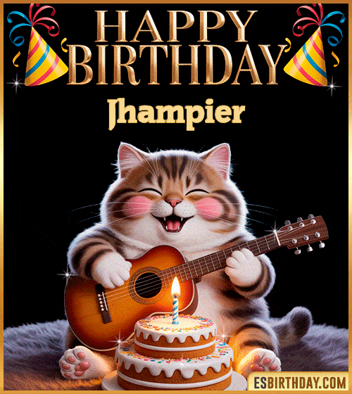 Funny happy birthday GIF for Jhampier with a cute cat playing guitar next to a birthday cake with candle – personalized animated birthday greeting with a joyful and playful vibe