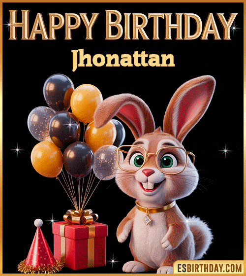Funny happy birthday GIF for Jhonattan featuring a cute bunny with glasses, festive balloons and a gift box – personalized animated birthday greeting with a playful and joyful vibe
