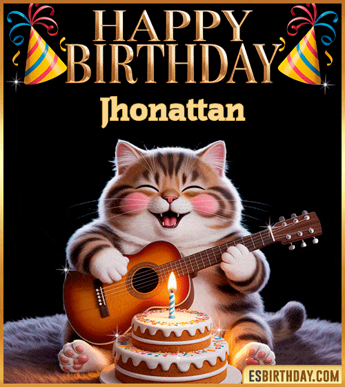 Funny happy birthday GIF for Jhonattan with a cute cat playing guitar next to a birthday cake with candle – personalized animated birthday greeting with a joyful and playful vibe