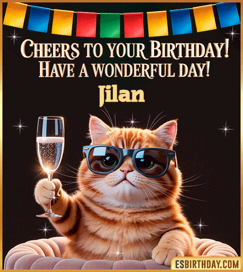 Funny happy birthday GIF for Jilan featuring a cool cat wearing sunglasses holding a champagne glass – personalized animated birthday greeting with a cheerful and classy vibe