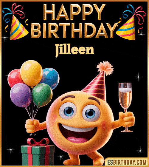 Happy Birthday Jilleen PNG image with a smiling emoji holding balloons and a glass of champagne, perfect cheerful picture to celebrate birthdays