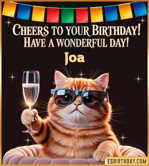Funny happy birthday GIF for Joa featuring a cool cat wearing sunglasses holding a champagne glass – personalized animated birthday greeting with a cheerful and classy vibe