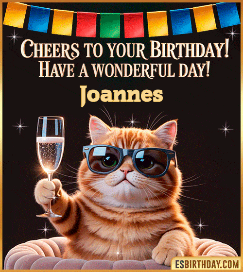 Funny happy birthday GIF for Joannes featuring a cool cat wearing sunglasses holding a champagne glass – personalized animated birthday greeting with a cheerful and classy vibe