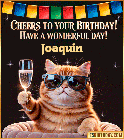 Funny happy birthday GIF for Joaquin featuring a cool cat wearing sunglasses holding a champagne glass – personalized animated birthday greeting with a cheerful and classy vibe