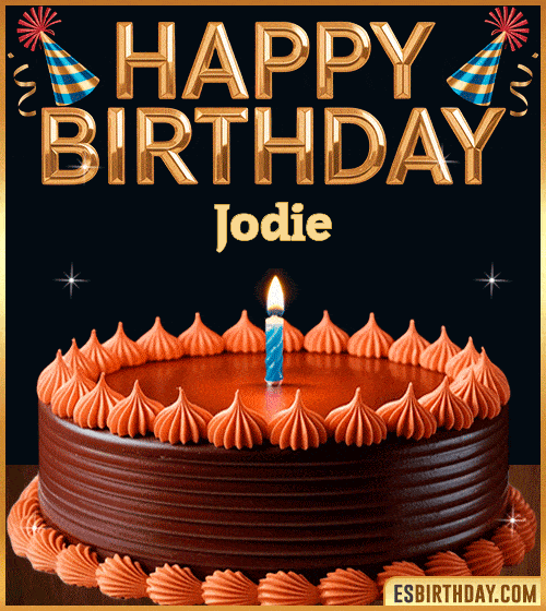 Happy birthday cake GIF with name Jodie, featuring a chocolate cake with lit candle and golden birthday text – personalized animated birthday greeting
