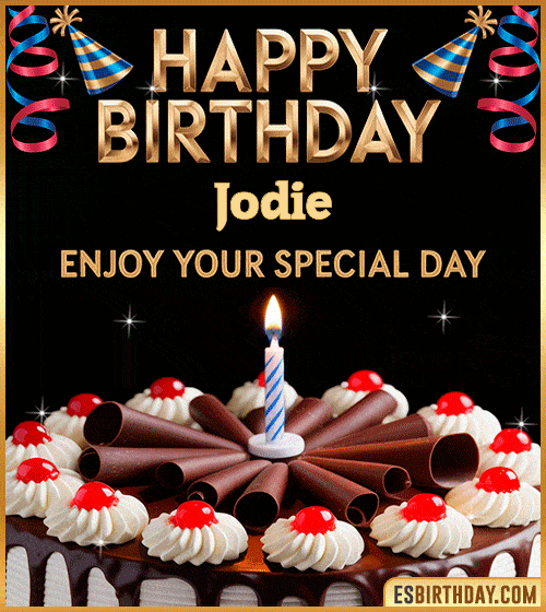 Happy birthday GIF for Jodie with chocolate cake, cherries, candle, and festive decorations – personalized animated birthday wishes to enjoy your special day