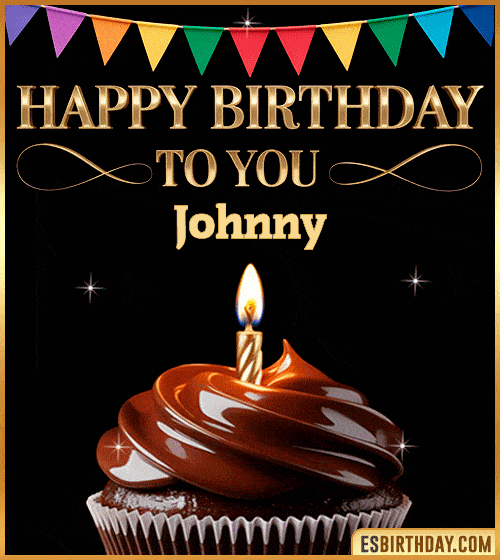 Happy birthday to you Johnny GIF with a chocolate cupcake, candle, colorful bunting and sparkling celebration – personalized animated birthday greeting