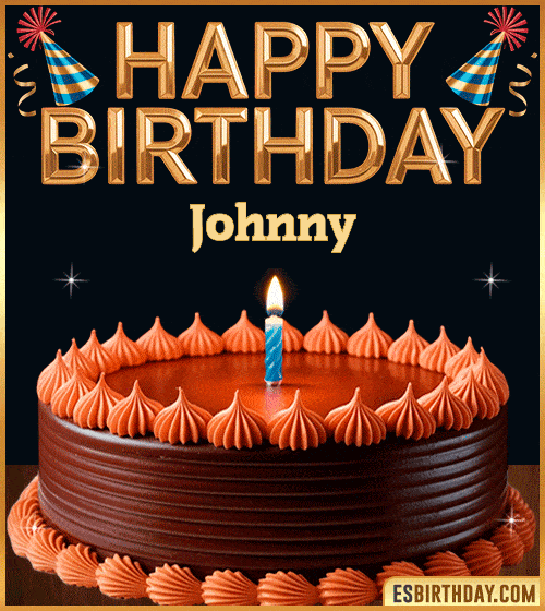 Happy birthday cake GIF with name Johnny, featuring a chocolate cake with lit candle and golden birthday text – personalized animated birthday greeting