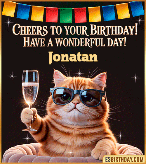 Funny happy birthday GIF for Jonatan featuring a cool cat wearing sunglasses holding a champagne glass – personalized animated birthday greeting with a cheerful and classy vibe