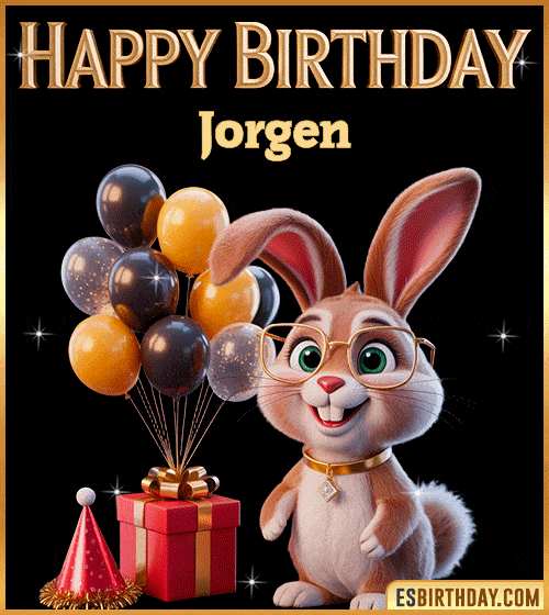 Funny happy birthday GIF for Jorgen featuring a cute bunny with glasses, festive balloons and a gift box – personalized animated birthday greeting with a playful and joyful vibe