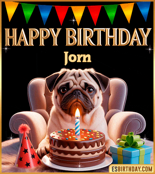 Funny happy birthday GIF for Jorn featuring a cute pug sitting on a chair with a chocolate cake, birthday hat, candle, and colorful decorations – perfect funny dog-themed birthday greeting