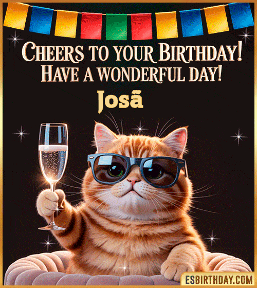 Funny happy birthday GIF for Josã© featuring a cool cat wearing sunglasses holding a champagne glass – personalized animated birthday greeting with a cheerful and classy vibe