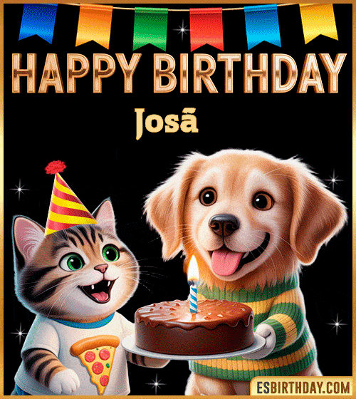 Cute funny happy birthday animated GIF with puppy and kitten celebrating, personalized for Josã© with cake and party hat, cheerful birthday greeting image