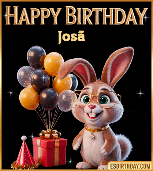 Funny happy birthday GIF for Josã© featuring a cute bunny with glasses, festive balloons and a gift box – personalized animated birthday greeting with a playful and joyful vibe