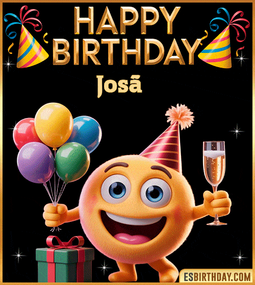 Happy Birthday Josã© PNG image with a smiling emoji holding balloons and a glass of champagne, perfect cheerful picture to celebrate birthdays