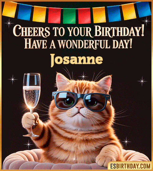 Funny happy birthday GIF for Josanne featuring a cool cat wearing sunglasses holding a champagne glass – personalized animated birthday greeting with a cheerful and classy vibe