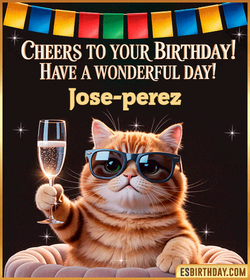 Funny happy birthday GIF for Jose-perez featuring a cool cat wearing sunglasses holding a champagne glass – personalized animated birthday greeting with a cheerful and classy vibe