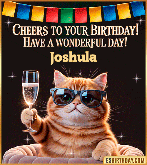 Funny happy birthday GIF for Joshula featuring a cool cat wearing sunglasses holding a champagne glass – personalized animated birthday greeting with a cheerful and classy vibe