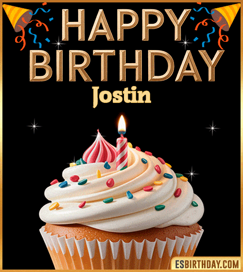 Happy birthday GIF for Jostin with a colorful cupcake, lit candle and festive decorations – cute personalized animated birthday greeting