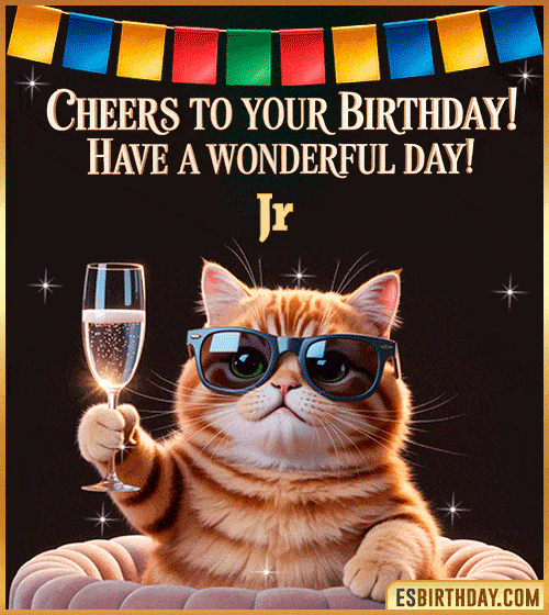 Funny happy birthday GIF for Jr featuring a cool cat wearing sunglasses holding a champagne glass – personalized animated birthday greeting with a cheerful and classy vibe