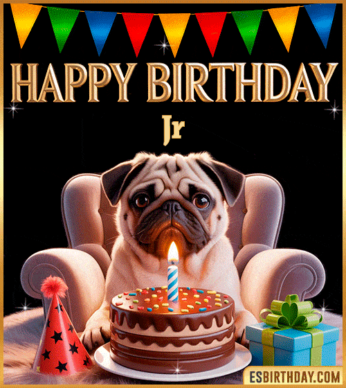 Funny happy birthday GIF for Jr featuring a cute pug sitting on a chair with a chocolate cake, birthday hat, candle, and colorful decorations – perfect funny dog-themed birthday greeting