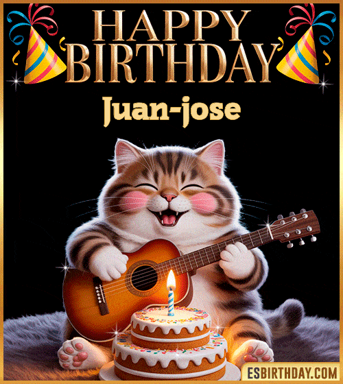 Funny happy birthday GIF for Juan-jose with a cute cat playing guitar next to a birthday cake with candle – personalized animated birthday greeting with a joyful and playful vibe