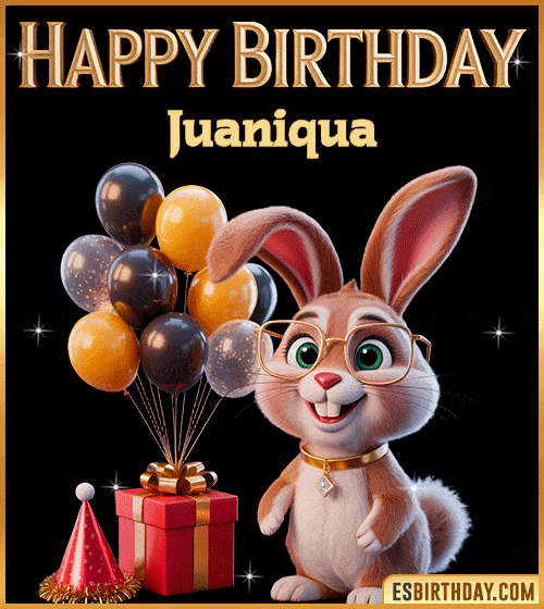 Funny happy birthday GIF for Juaniqua featuring a cute bunny with glasses, festive balloons and a gift box – personalized animated birthday greeting with a playful and joyful vibe
