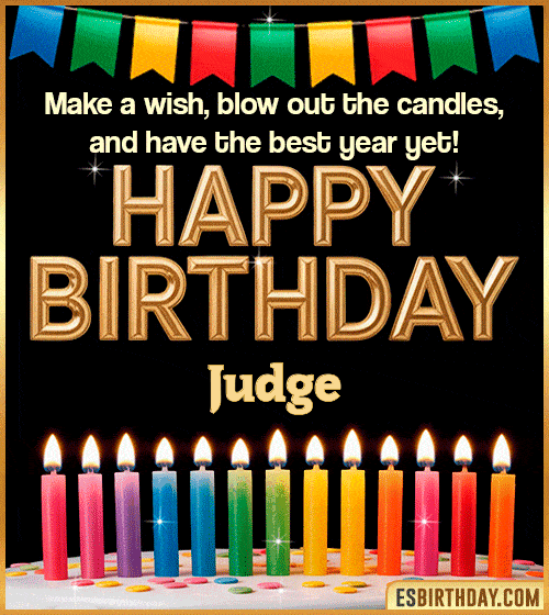 Happy birthday wishes GIF for Judge with colorful candles, festive bunting and glowing text – personalized animated birthday greeting with name