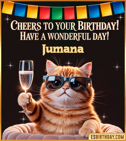 Funny happy birthday GIF for Jumana featuring a cool cat wearing sunglasses holding a champagne glass – personalized animated birthday greeting with a cheerful and classy vibe