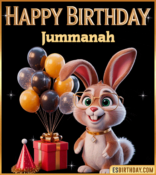 Funny happy birthday GIF for Jummanah featuring a cute bunny with glasses, festive balloons and a gift box – personalized animated birthday greeting with a playful and joyful vibe