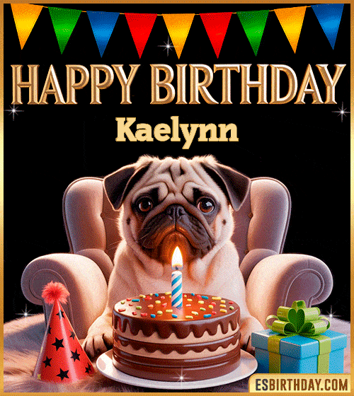 Funny happy birthday GIF for Kaelynn featuring a cute pug sitting on a chair with a chocolate cake, birthday hat, candle, and colorful decorations – perfect funny dog-themed birthday greeting