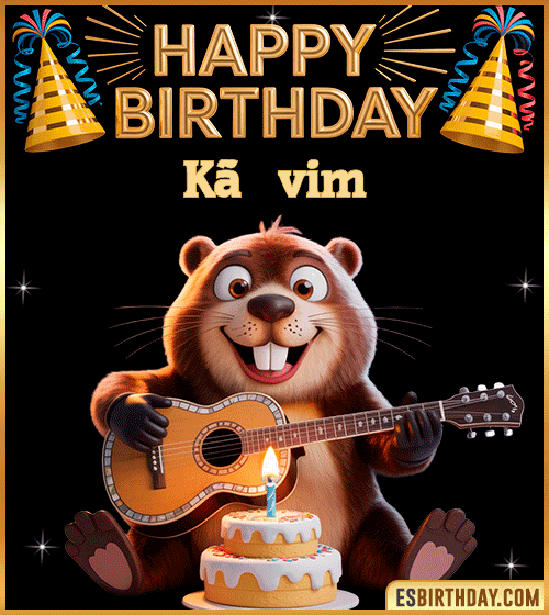 Funny Happy Birthday GIF for Kã©vim – a cute beaver playing guitar next to a birthday cake and colorful party decorations, sending warm and joyful birthday wishes.
