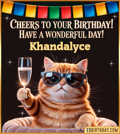 Funny Happy Birthday GIF – Cool Cat Toasting Animation for Khandalyce Funny happy birthday GIF for Khandalyce featuring a cool cat wearing sunglasses holding a champagne glass – personalized animated birthday greeting with a cheerful and classy vibe