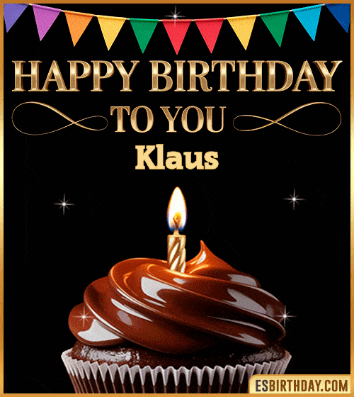 Happy birthday to you Klaus GIF with a chocolate cupcake, candle, colorful bunting and sparkling celebration – personalized animated birthday greeting