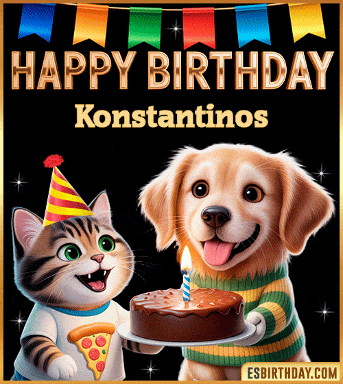 Cute funny happy birthday animated GIF with puppy and kitten celebrating, personalized for Konstantinos with cake and party hat, cheerful birthday greeting image