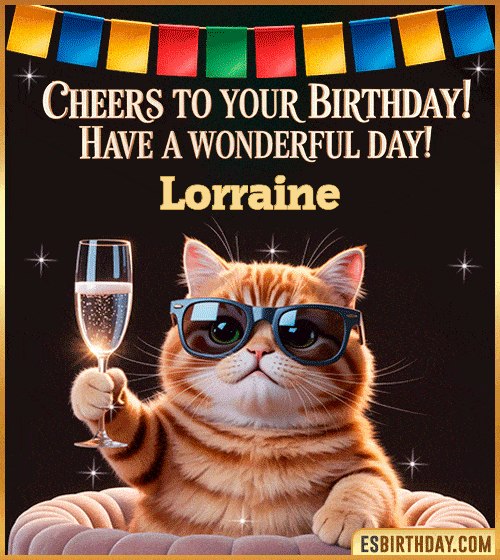 Funny Happy Birthday GIF – Cool Cat Toasting Animation for Lorraine Funny happy birthday GIF for Lorraine featuring a cool cat wearing sunglasses holding a champagne glass – personalized animated birthday greeting with a cheerful and classy vibe
