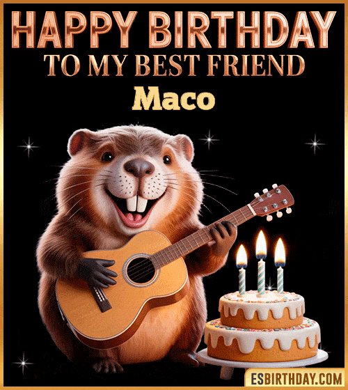 Funny happy birthday GIF for my best friend Maco featuring a cute beaver playing guitar beside a birthday cake with candles – cheerful and fun animated greeting for someone special