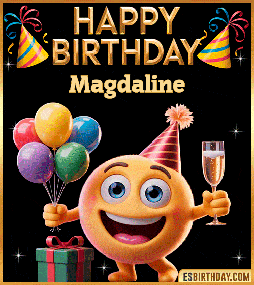 Happy Birthday Magdaline PNG image with a smiling emoji holding balloons and a glass of champagne, perfect cheerful picture to celebrate birthdays
