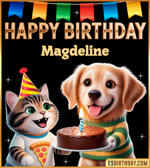 Cute funny happy birthday animated GIF with puppy and kitten celebrating, personalized for Magdeline with cake and party hat, cheerful birthday greeting image