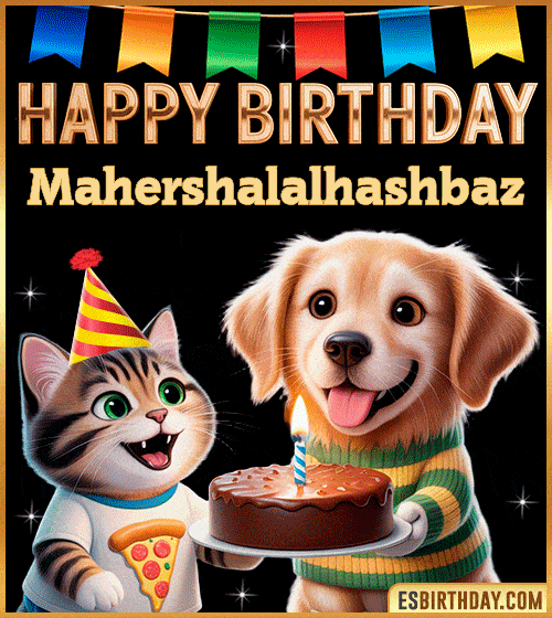 Cute funny happy birthday animated GIF with puppy and kitten celebrating, personalized for Mahershalalhashbaz with cake and party hat, cheerful birthday greeting image