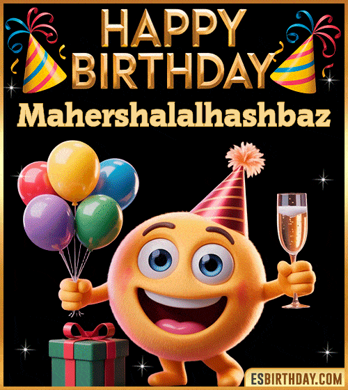 Happy Birthday Mahershalalhashbaz PNG image with a smiling emoji holding balloons and a glass of champagne, perfect cheerful picture to celebrate birthdays