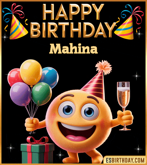 Happy Birthday Mahina PNG image with a smiling emoji holding balloons and a glass of champagne, perfect cheerful picture to celebrate birthdays