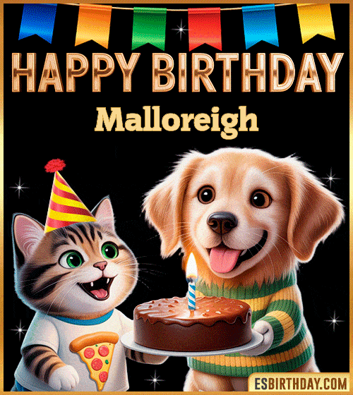 Cute funny happy birthday animated GIF with puppy and kitten celebrating, personalized for Malloreigh with cake and party hat, cheerful birthday greeting image