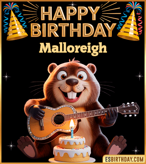 Funny Happy Birthday GIF for Malloreigh – a cute beaver playing guitar next to a birthday cake and colorful party decorations, sending warm and joyful birthday wishes.
