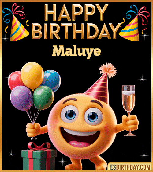 Happy Birthday Maluye PNG image with a smiling emoji holding balloons and a glass of champagne, perfect cheerful picture to celebrate birthdays