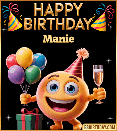 Happy Birthday Manie PNG image with a smiling emoji holding balloons and a glass of champagne, perfect cheerful picture to celebrate birthdays